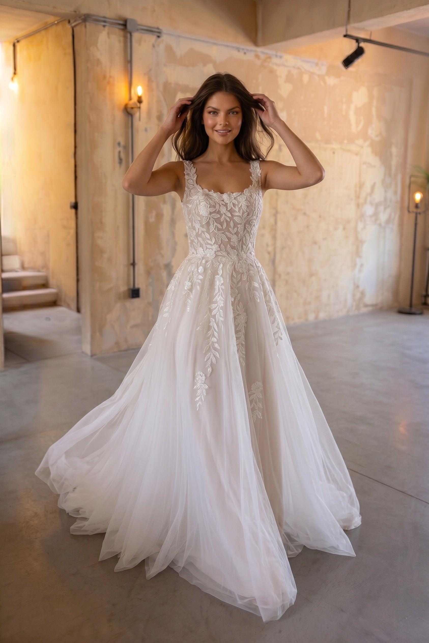 A-Line Court Train Lace Tulle Wedding Dress CW3153 - 45 Days / As Picture:Ivory/Nude / US0-UK2-EUR30 - COCOMELODY